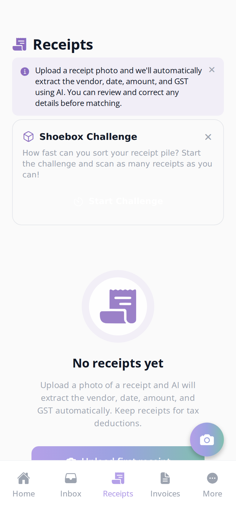Receipt scanning screen